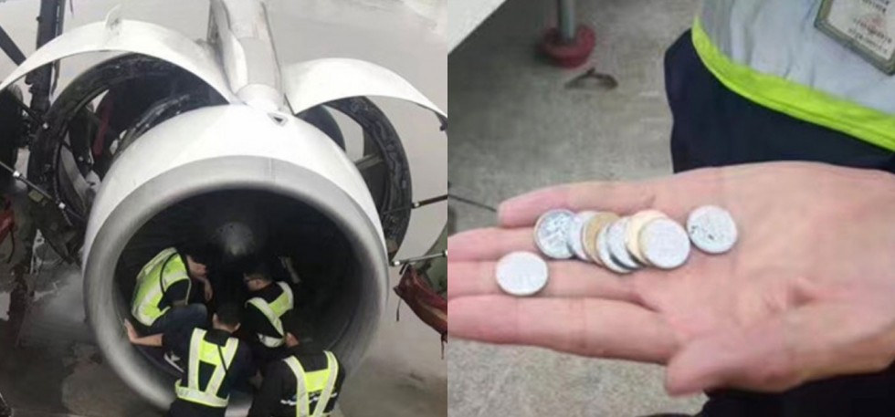 a aruncat cu monede în motorul avionului